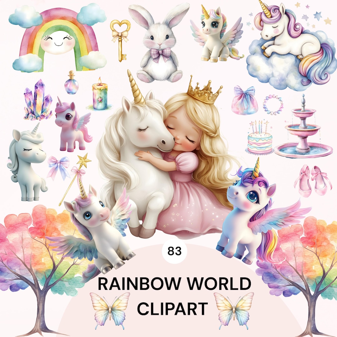 Rainbow Unicorn PNG Clipart Set Pastel Fantasy Kids Graphics Digital ...
