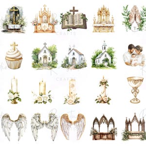Christening PNG set with dove, rosary, bible, and baptism dress in watercolor style