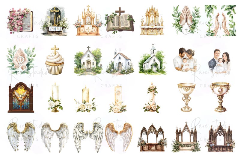Christening PNG set with dove, rosary, bible, and baptism dress in watercolor style