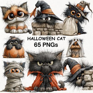 Pode incluir: Uma coleção de ilustrações digitais com gatos em fantasias de Halloween, incluindo um gato múmia, um gato numa abóbora e gatos com chapéus de bruxa. O texto HALLOWEEN CAT 65 PNGs está centralizado entre os vários designs de gatos.
