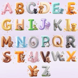 May include: A colorful alphabet set featuring letters A through Z, each with a unique design. The letters are adorned with cute animal illustrations, including a bear, dog, cat, elephant, fox, monkey, owl, penguin, and more. The letters are in various colors.