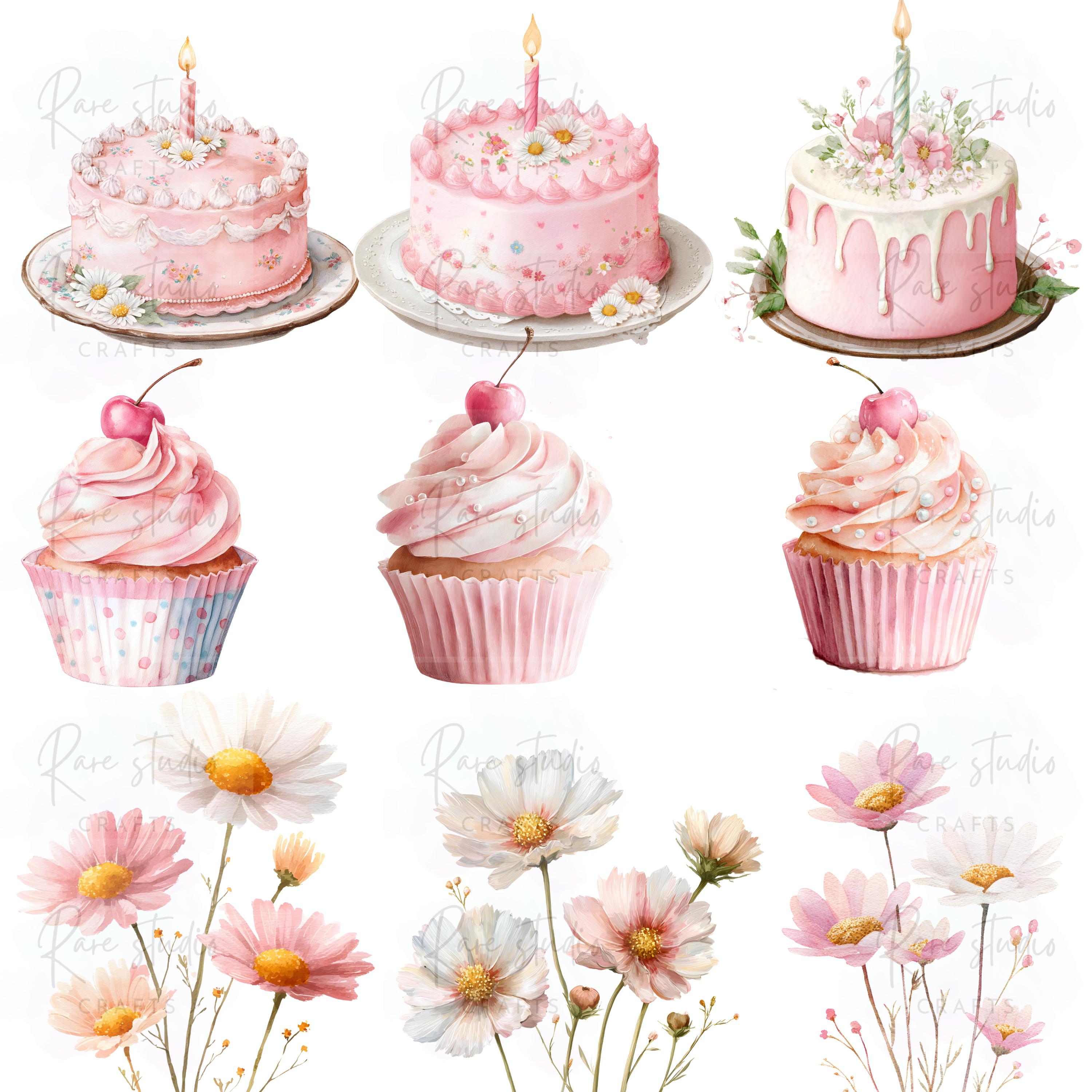 Pastel Birthday Clipart Bundle Watercolor Party PNG Flowers Cake Bird ...