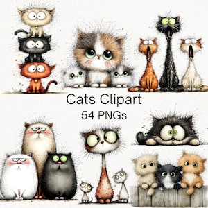Puede incluir: Una colección de ilustraciones de gatos caprichosos en varias poses y colores. La imagen incluye gatos apilados, gatos con ojos grandes y gatos con la boca abierta. El texto dice "Cats Clipart 54 PNGs."