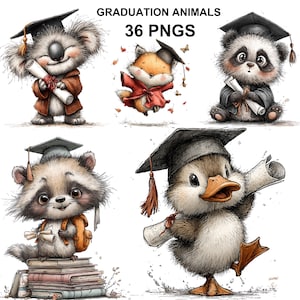 Può includere: Illustrazioni ad acquerello di animali che si laureano, tra cui un koala, una volpe, un panda, un procione e un'anatra. Ogni animale indossa un tocco e tiene in mano un diploma. Il testo recita "GRADUATION ANIMALS 36 PNGS."