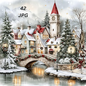May include: A winter village scene featuring snow-covered houses with red roofs, a stone bridge decorated with red ribbons and greenery, a tall clock tower, and evergreen trees. The text 42 JPG is visible in the upper left corner.