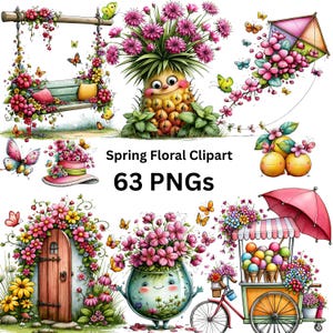 Puede incluir: Una colección de Spring Floral Clipart con 63 archivos PNG, que incluye un columpio de madera con flores, un personaje de piña con flores rosas, una cometa, un sombrero, una puerta de madera, un jarrón de cristal y un carrito de helados.