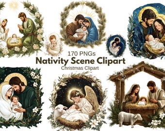 May include: Digital clipart set featuring various Nativity scenes. The illustrations depict Mary, Joseph, and baby Jesus, surrounded by floral wreaths and halos. The text "Nativity Scene Clipart" and "Christmas Clipart" are also visible.