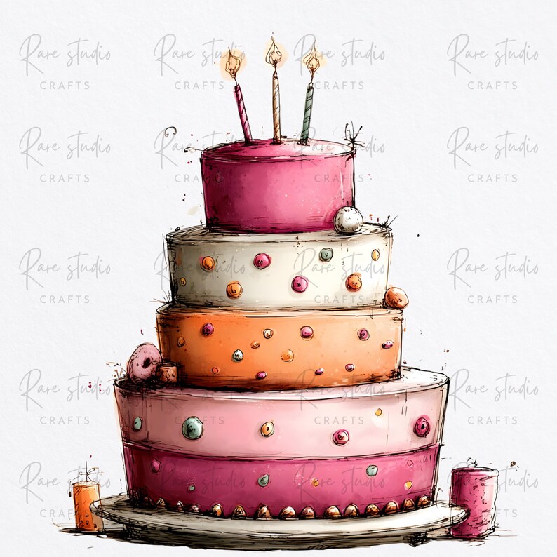 Watercolor Birthday Cake Clipart PNG Bundle Floral Cherry Dessert ...