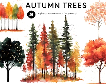 Autumn Trees Watercolor Clipart Bundle, Fall Forest PNG (Digital Download)