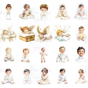 First communion watercolor PNG set with dove, bible, cross, and white floral accents