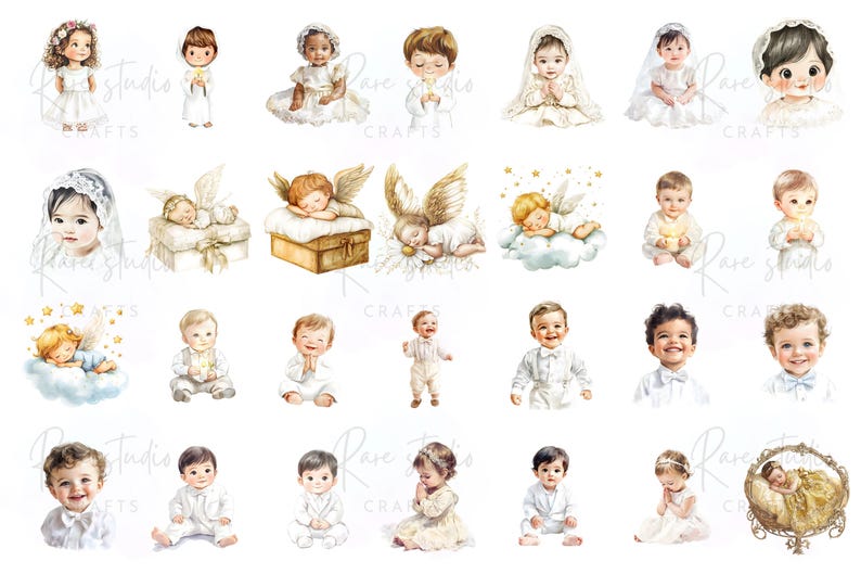 First communion watercolor PNG set with dove, bible, cross, and white floral accents