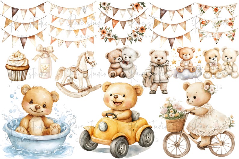 Watercolor Teddy Bear Clipart Bundle: Beige Nursery Art (PNG Digital ...