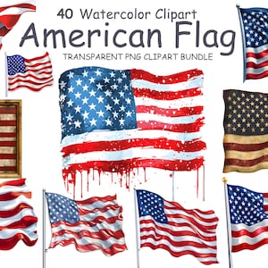 Puede incluir: Una colección de imágenes prediseñadas de acuarela que representan la bandera estadounidense. Las imágenes muestran varios estilos artísticos, incluyendo banderas ondeando, una bandera en un marco de madera y diseños abstractos de acuarela. El texto "40 Watercolor Clipart American Flag" está presente.