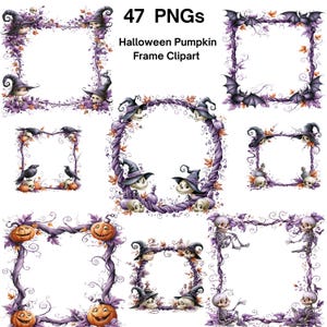 Halloween Pumpkin Frame Clipart Bundle Witch Bat Skeleton Gothic Purple PNG Digital Download Set