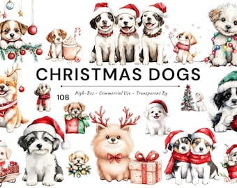 May include: Watercolor illustrations of various dogs in festive Christmas attire. The image features multiple puppies wearing Santa hats, scarves, and reindeer antlers, with Christmas ornaments and gifts. Text reads "CHRISTMAS DOGS".