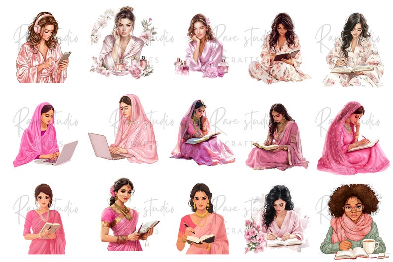 Chic clipart set with pink decor clipart, lifestyle illustrations, and girly planner sticker PNG elements
