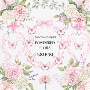 May include: Watercolor clipart featuring pink flowers, butterflies, and ribbons. The design includes dahlias, hydrangeas, and lavender accents. Text reads "watercolor clipart", "POWDERED FLORA", and "100 PNG". The overall theme is floral and feminine.