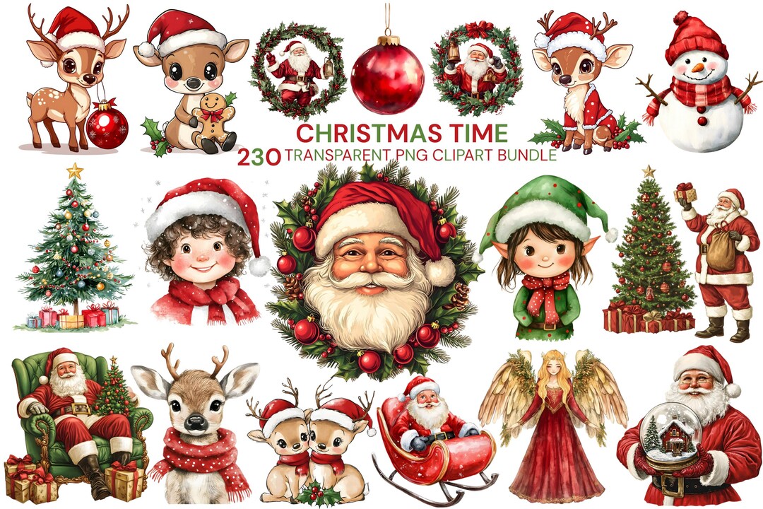 Christmas Watercolor Clipart Bundle: Santa, Reindeer, Elf (PNG Digital ...