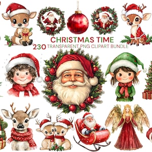 Puede incluir: Una colección de imágenes prediseñadas navideñas en acuarela. Incluye a Papá Noel, renos, elfos, árboles de Navidad, adornos y el texto "CHRISTMAS TIME 230 TRANSPARENT PNG CLIPART BUNDLE". Ilustraciones festivas navideñas.