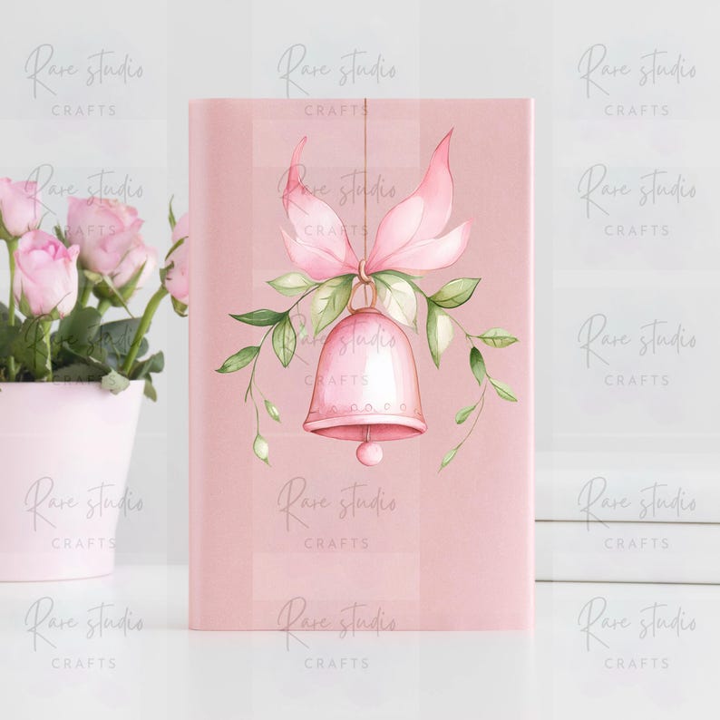 Puede incluir: Un diario rosa con una ilustraci&oacute;n en acuarela de una campana, un lazo y hojas. La campana est&aacute; suspendida de una cuerda y adornada con un lazo rosa y hojas verdes. El diario tiene el texto "Rare Studio Crafts".