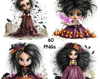 Halloween Girl Clipart Watercolor Gothic Witch Spooky Doll PNG Bundle Printable Graphics Commercial Use