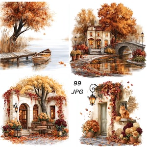 Peut inclure: Une collection de quatre illustrations numériques représentant des scènes d'automne avec un feuillage orange et brun. Les images montrent un bateau en bois sur l'eau, une maison en pierre avec un pont, une terrasse et un chat près d'une lanterne.