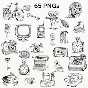 May include: A collection of 65 black and white line art illustrations featuring vintage objects including a bicycle, film reel, cameras, microphones, a typewriter, a sewing machine, rotary telephones, clocks, a record player, and a cassette tape.