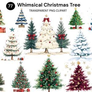May include: A collection of watercolour illustrations depicting whimsical Christmas trees. The image shows trees adorned with baubles, bows, and lights. Some trees are snow-covered, with gifts at their base. Text reads "Whimsical Christmas Tree".