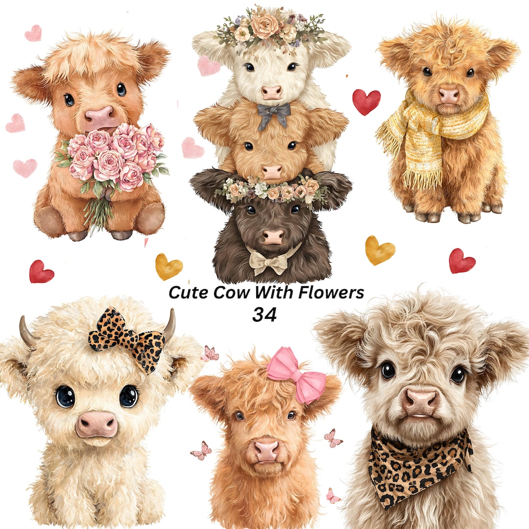 Highland Cow Floral Clipart Bundle Watercolor Farm Animals PNG ...