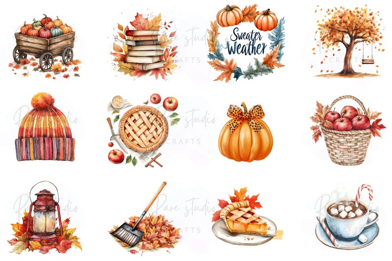 Cozy Fall Clipart Bundle Autumn Elements 112 PNG Watercolor Decor ...