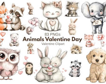 Dieren Valentijn clipartset, dierenliefde png's, valentijnsafbeeldingen, kawaii digitale kunst