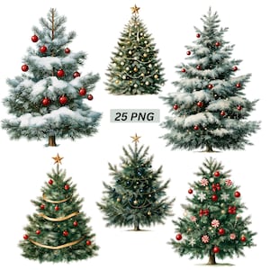 May include: A collection of six distinct Christmas tree illustrations featuring various decorations including red ornaments, gold ribbons, white snow, and star toppers. The image includes the text 25 PNG, representing a digital graphic set.