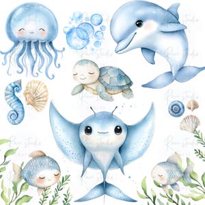 May include: Watercolor illustration of various sea creatures, including a jellyfish, dolphin, sea turtle, stingray, seahorse, and fish. The creatures are primarily blue with white accents, set against a white background with green seaweed and bubbles.