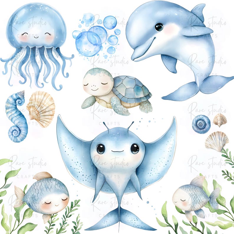 May include: Watercolor illustration of various sea creatures, including a jellyfish, dolphin, sea turtle, stingray, seahorse, and fish. The creatures are primarily blue with white accents, set against a white background with green seaweed and bubbles.