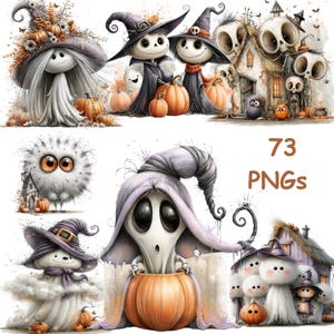 Könnte beinhalten: Eine Sammlung von 73 PNGs mit Halloween-Illustrationen von Geistern, Skeletkeletten und Kreaturen mit violetten Hexenhüten, umgeben von orangefarbenen Kürbissen und rustikalen Häusern, mit dem braunen Text 73 PNGs.