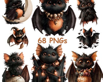 Whimsical Bat Clipart Halloween Fantasy Gothic Skull Pumpkin Watercolor Character Bundle PNG Commercial Use