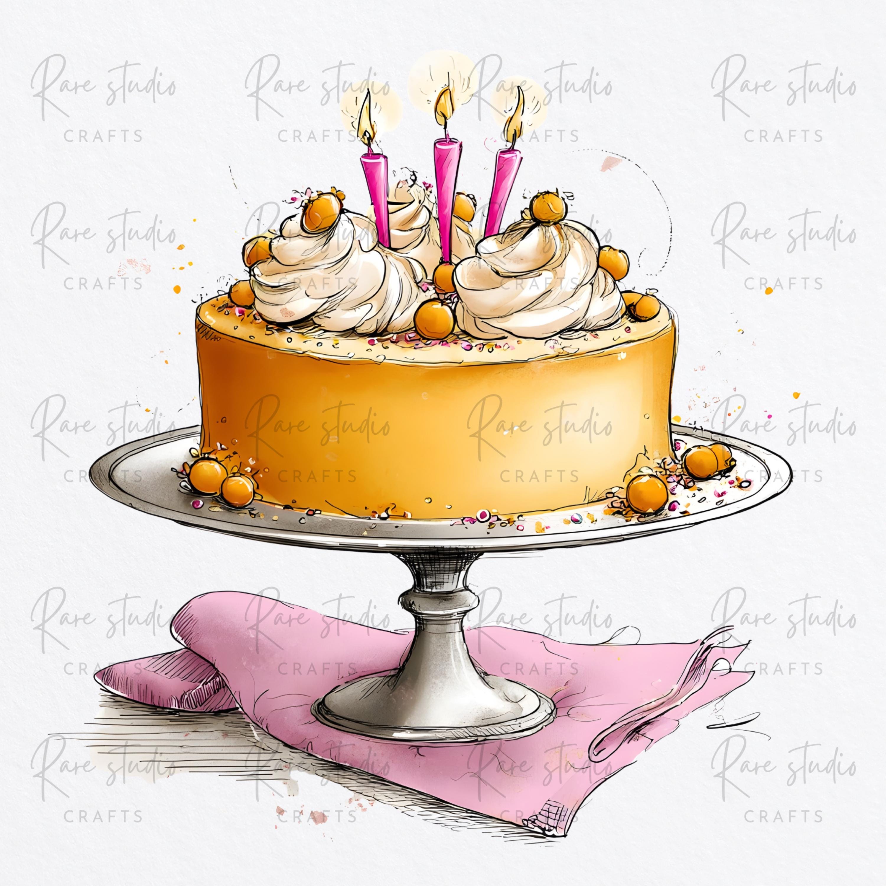 Watercolor Birthday Cake Clipart PNG Bundle Floral Cherry Dessert ...