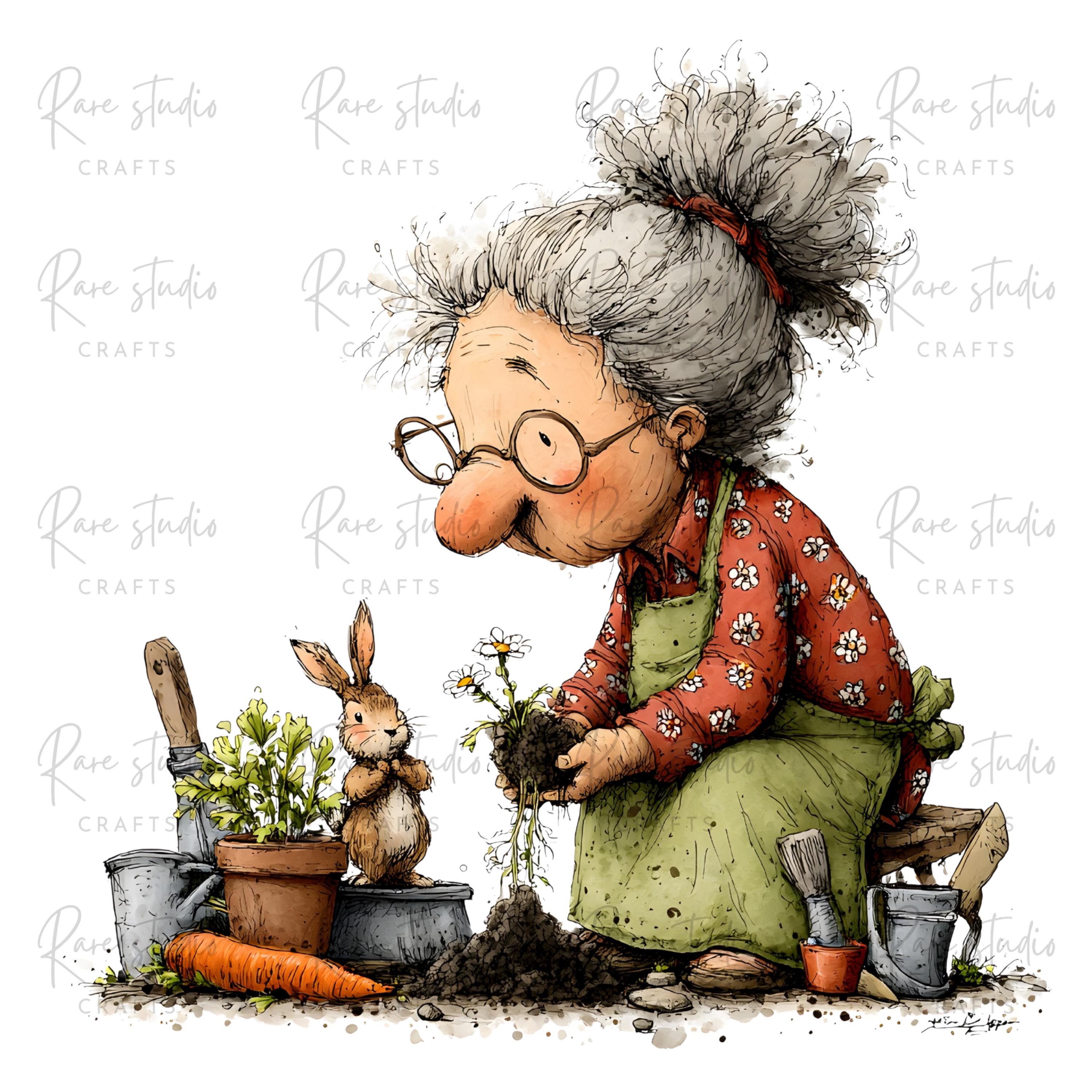 Old Lady Gardening Clipart Bundle Grandma Garden PNG Cartoon ...