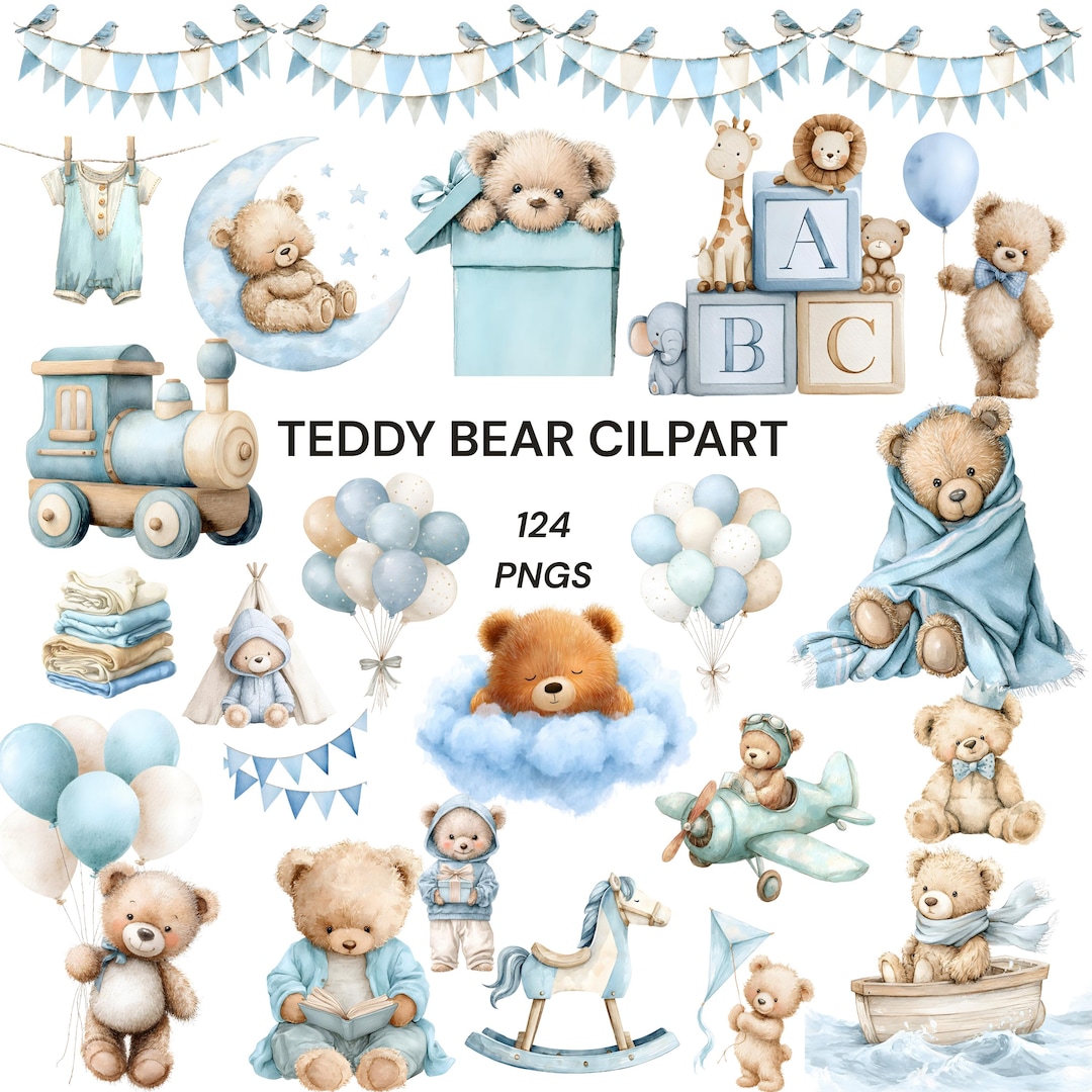 Teddy Bear Clipart PNG Bundle, Baby Boy Nursery, Blue Teddy ...