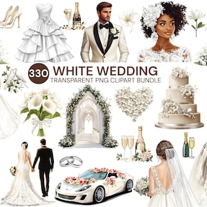 May include: A collection of watercolor illustrations featuring wedding-themed elements. Includes a white wedding dress, a tuxedo-clad groom, a bride with a floral headpiece, a wedding cake, and a white sports car decorated with flowers. The text "330 WHITE WEDDING TRANSPARENT PNG CLIPART BUNDLE" is also present.