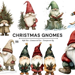 May include: Watercolor illustrations of Christmas gnomes in various poses. Gnomes are depicted with long white beards, red hats, and festive attire. Some gnomes hold small Christmas trees, while others are reading or skiing. The text "CHRISTMAS GNOMES" is displayed.