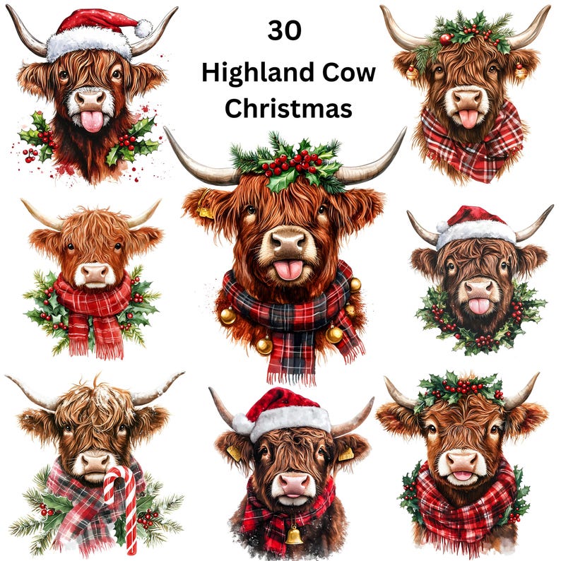 Christmas Highland Cow Clipart Bundle Watercolor Winter Farm Animals ...