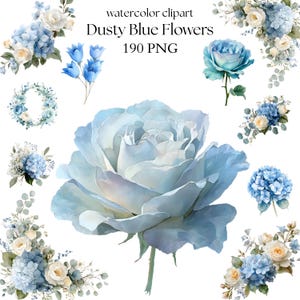 May include: Watercolor clipart featuring various dusty blue flowers, including roses, hydrangeas, and floral arrangements. The image includes the text "watercolor clipart Dusty Blue Flowers 190 PNG". The flowers are in shades of blue, white, and cream.
