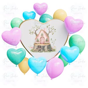 Puede incluir: Una ilustraci&oacute;n caprichosa con una casa de hadas rosa sobre un toc&oacute;n de &aacute;rbol, rodeada de globos en forma de coraz&oacute;n y redondos en tonos rosa, azul, verde y amarillo. El texto "Rare studio CRAFTS" se repite alrededor de los globos.