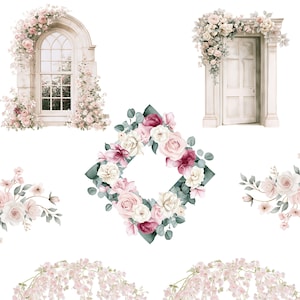 May include: A collection of digital illustrations featuring an arched window and a rectangular door adorned with pink and white roses, a diamond-shaped floral wreath, two side floral arrangements, and two hanging pink flower garlands.