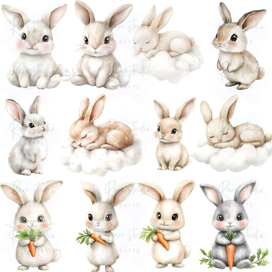 Watercolor Baby Bunny Clipart Bundle PNG, Rabbit Nursery Art ...