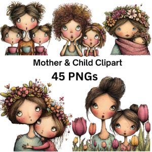 Op de afbeelding: Watercolor clipart set met illustraties van moeders en kinderen met verbaasde uitdrukkingen. De afbeeldingen bevatten bloemenkransen en gebruiken een zacht kleurenpalet. Tekst luidt "Mother & Child Clipart" en "45 PNGs".