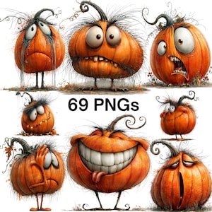 Puede incluir: Una colección de 69 ilustraciones digitales PNG que muestran calabazas naranjas con diversas expresiones faciales, incluyendo ojos grandes, dientes visibles y tallos desordenados, sobre un fondo blanco con el texto 69 PNGs en el centro.