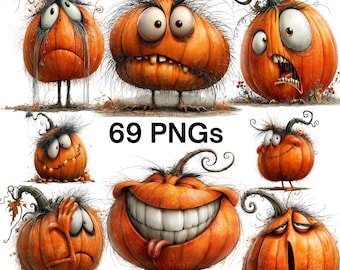 May include: A collection of 69 PNG digital illustrations featuring orange pumpkins with various expressive faces, including wide eyes, large teeth, and messy stems, displayed against a white background with the text 69 PNGs in the center.