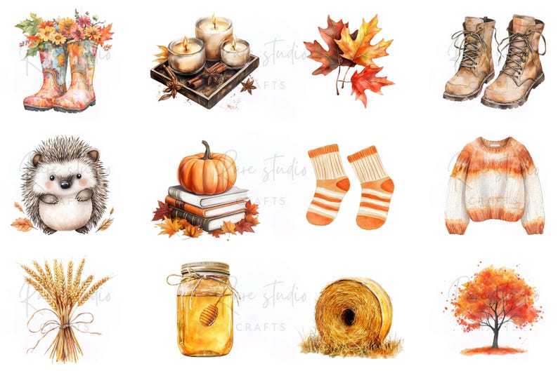 Cozy Fall Clipart Bundle Autumn Elements 112 PNG Watercolor Decor ...